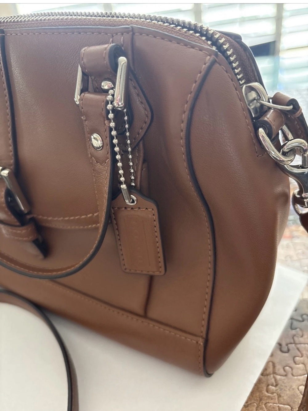 Coach Tan Leather Satchel with Detachable Strap zipper crossbody bag. - Picture 4 of 16